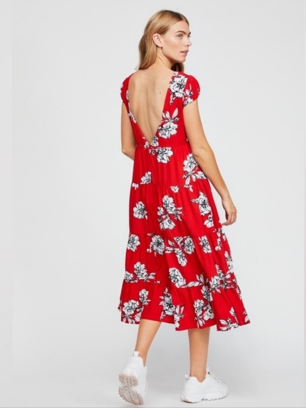 Free People Red Rita Tiered Midi or Maxi Dress w Pockets Open Back Women Small